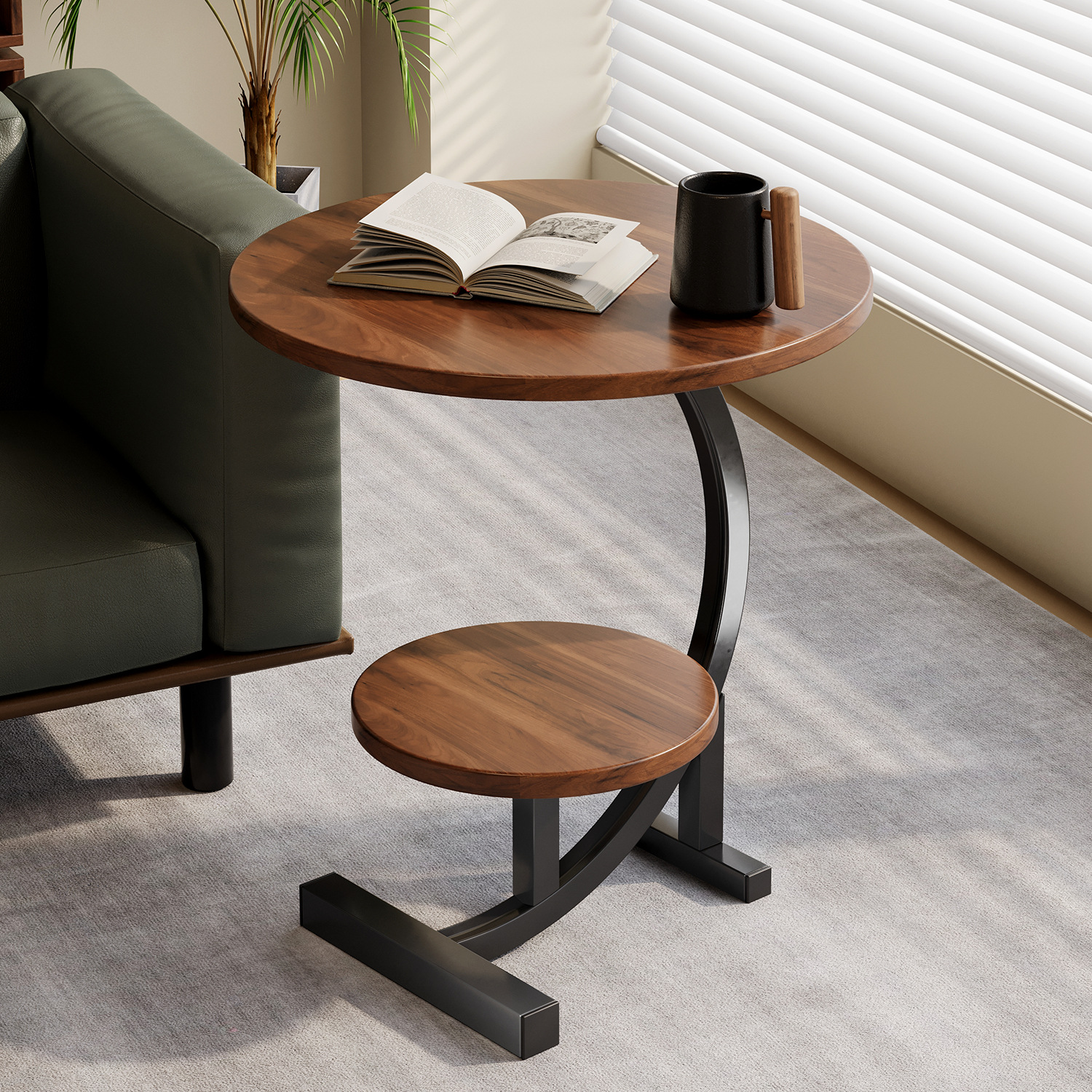 Table d'appoint ronde en C – Bout de canapé / table de chevet, plateau bois & pied métal – Image 6