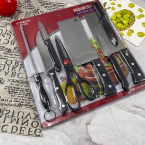 Set de cuisine : couteaux inox + planche à découper + ciseaux + fusil à aiguiser