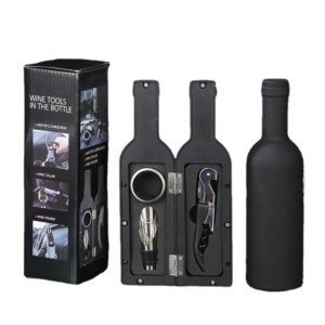 Coffret sommelier 3 pièces en forme de bouteille – Tire-bouchon, bec verseur & bague anti-goutte