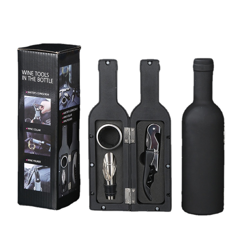 Coffret sommelier 3 pièces en forme de bouteille – Tire-bouchon, bec verseur & bague anti-goutte