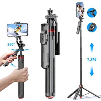 Perche à selfie & trépied 1,3 m Bluetooth – Rotation 360°, télécommande sans fil