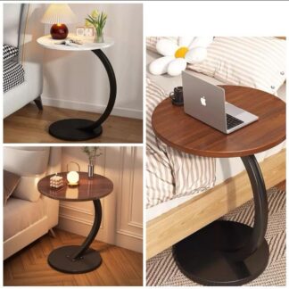 Table d'appoint ronde en C – Bout de canapé / table de chevet, plateau bois & pied métal